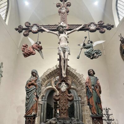 Palms, cross, serpent, skull